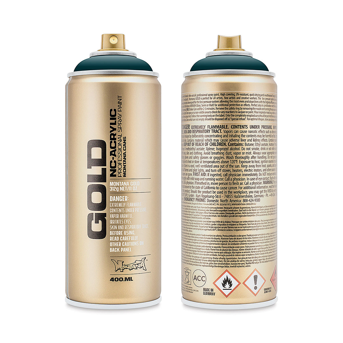 Montana Gold Acrylic Professional Spray Paint - Petrol, 400 ml (Front and back of spray can)
