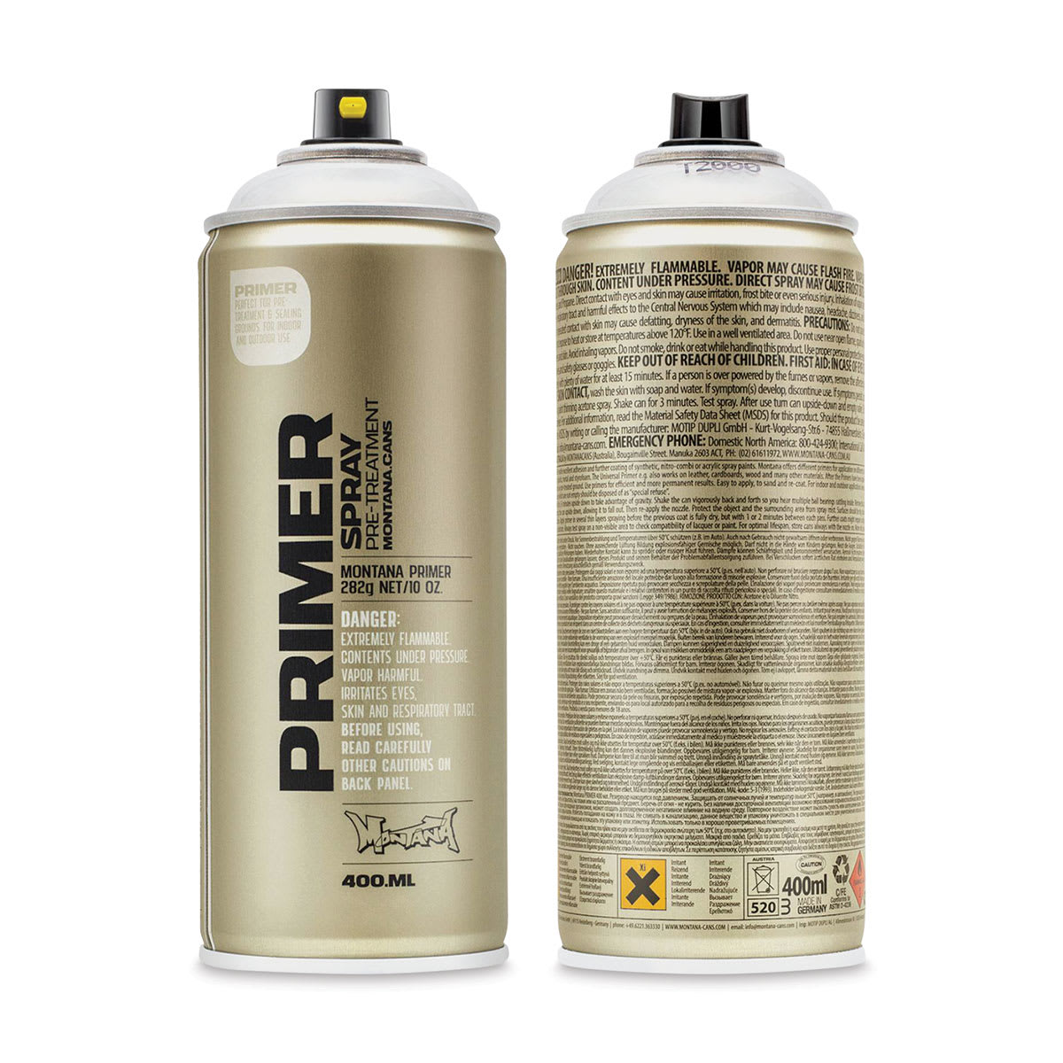 Montana Primer Spray - for use on Plastic, Front and back of spray can shown 
