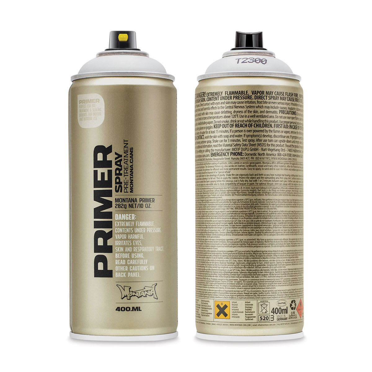 Montana Primer Spray - for Universal use, Front and back of spray can shown