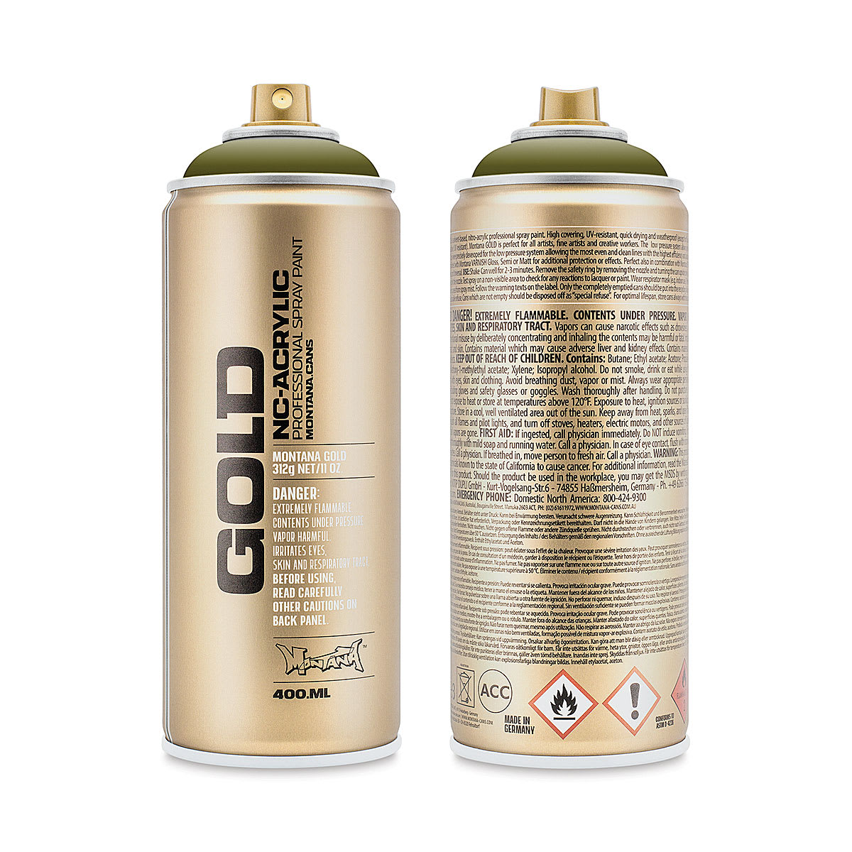 Montana Gold Acrylic Professional Spray Paint - Reed, 400 ml (Front and back of spray can)