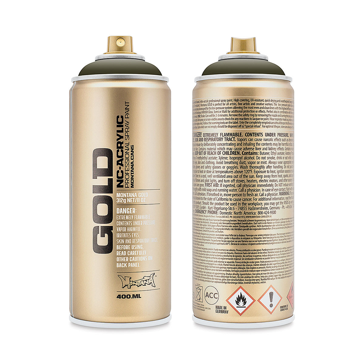Montana Gold Acrylic Professional Spray Paint - Nato, 400 ml (Front and back of spray can)