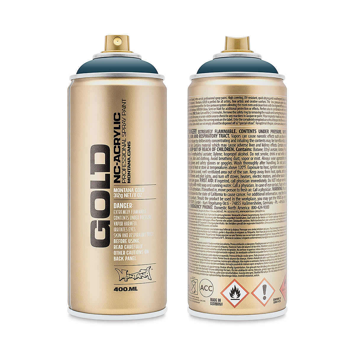 Montana Gold Acrylic Professional Spray Paint - Fjord, 400 ml (Front and back of spray can)