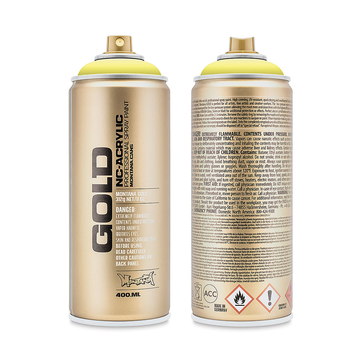 Montana Gold Acrylic Professional Spray Paint - Butta, 400 ml (Front and back of spray can)