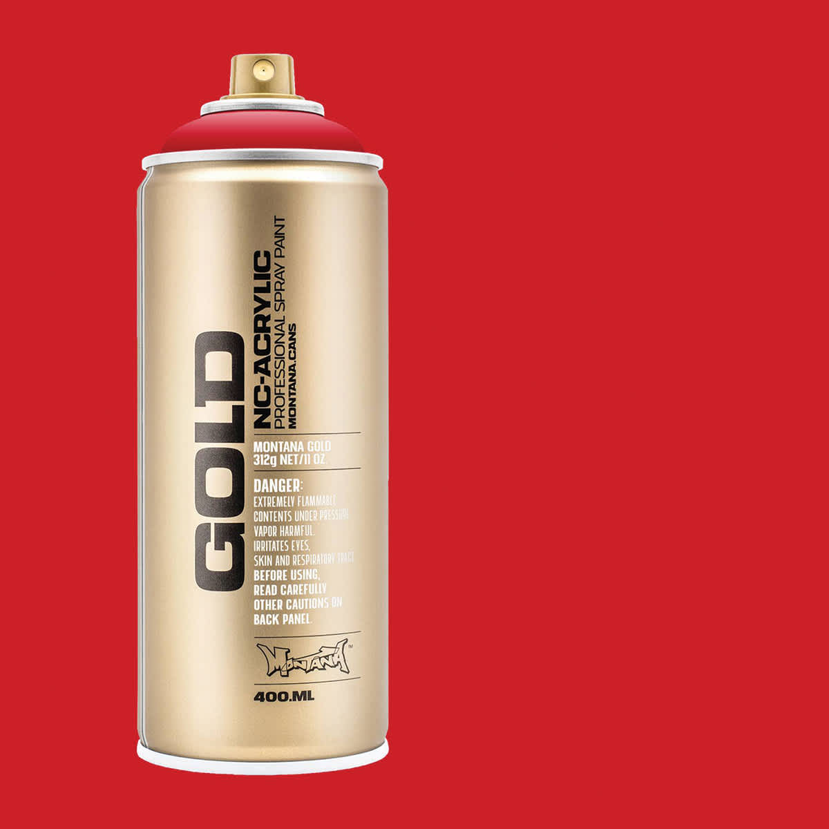 Montana Gold Acrylic Professional Spray Paint - Shock Red, 400 ml (Spray can with color swatch)