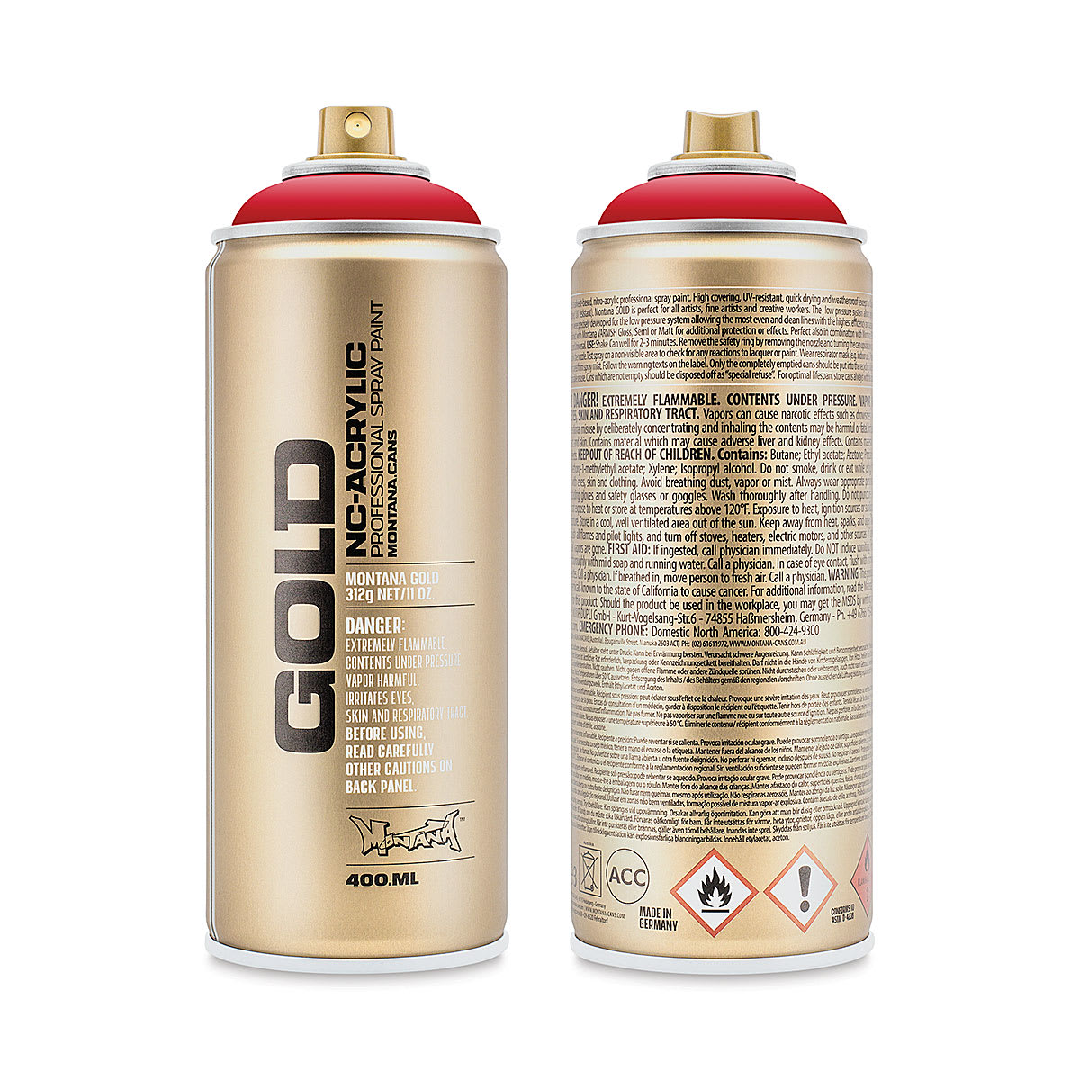 Montana Gold Acrylic Professional Spray Paint - Shock Red, 400 ml (Front and back of spray can)