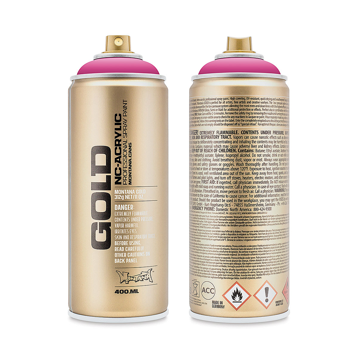 Montana Gold Acrylic Professional Spray Paint - Pink Pink, 400 ml (Front and back of spray can)