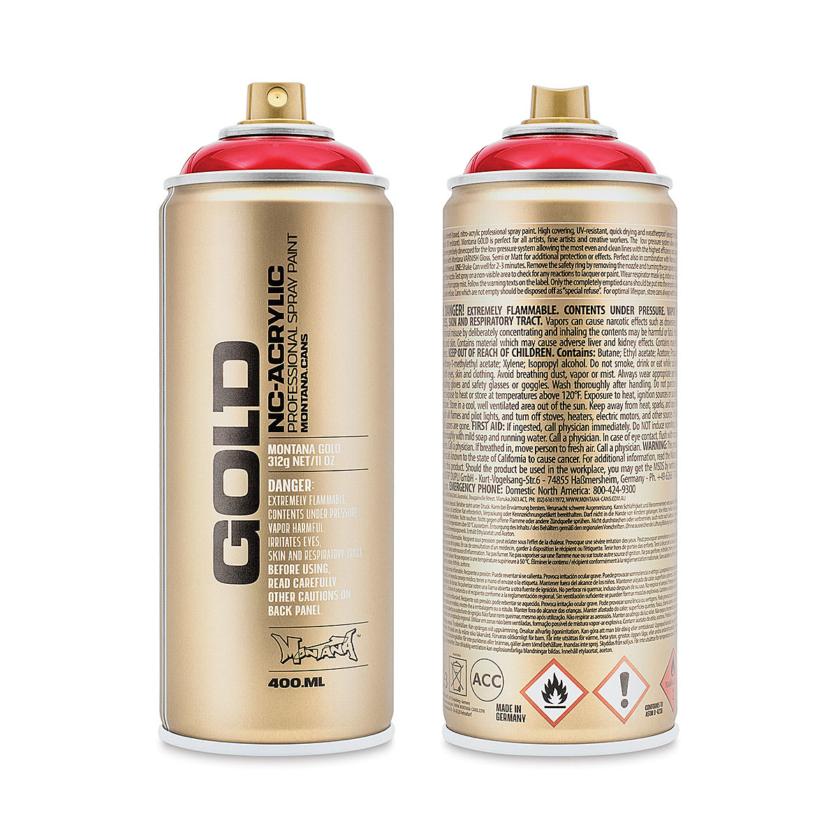 Montana Gold Acrylic Professional Spray Paint - Transparent Ketchup, 400 ml (Front and back of spray can)