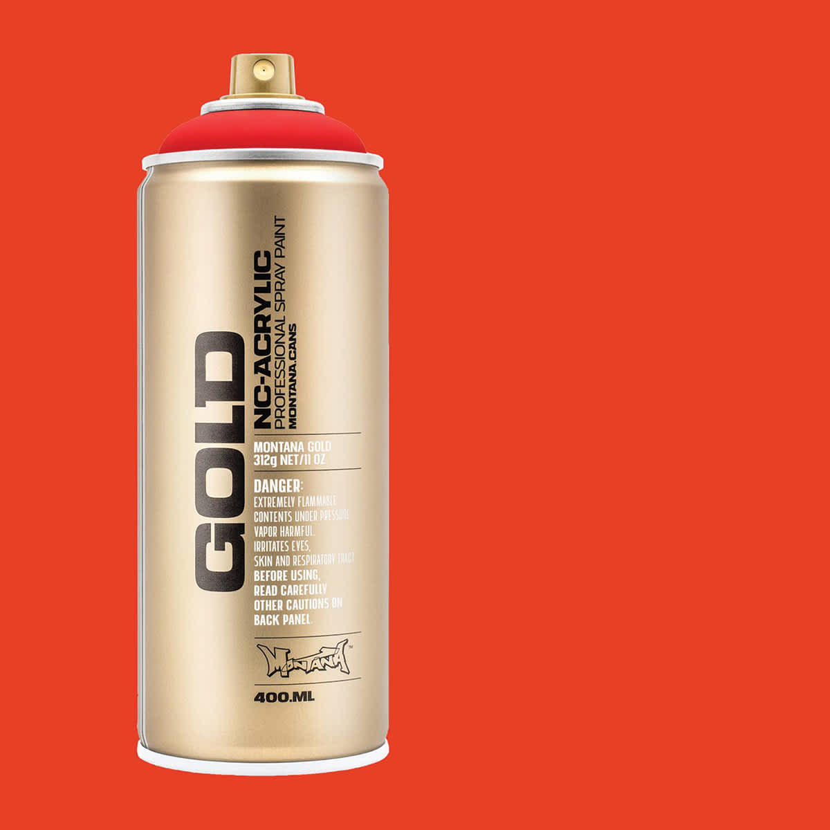 Montana Gold Acrylic Fluorescent Spray Paint - Fire Red, 400 ml (Spray can with color swatch)