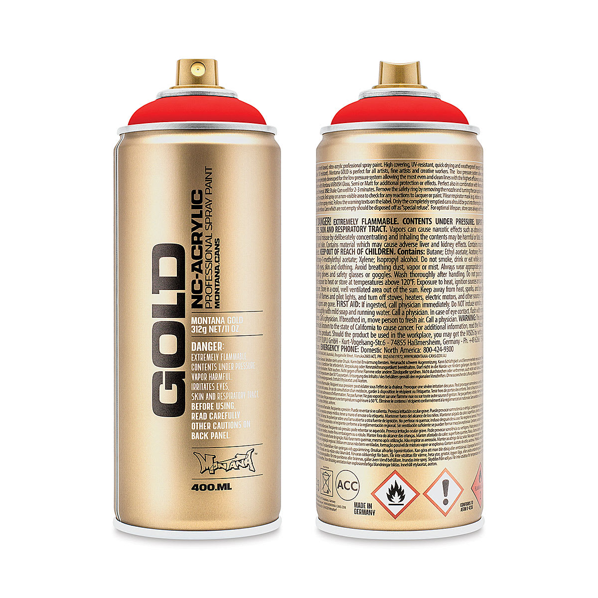 Montana Gold Acrylic Fluorescent Spray Paint - Fire Red, 400 ml (Front and back of spray can)