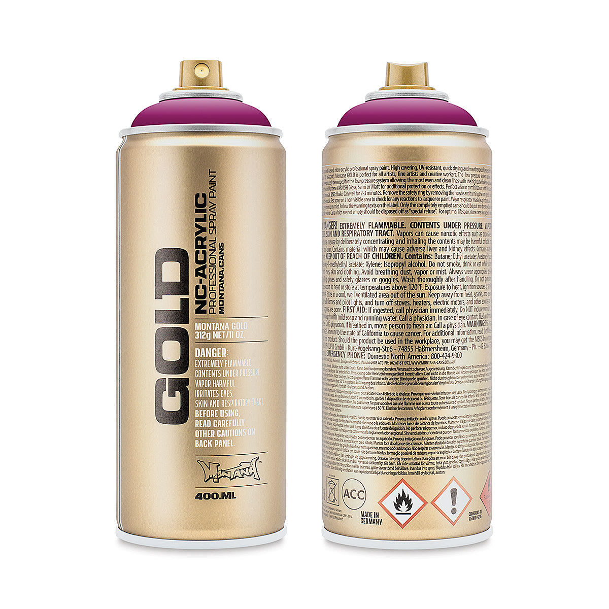 Montana Gold Acrylic Professional Spray Paint - Cherry Blossom, 400 ml (Front and back of spray can)