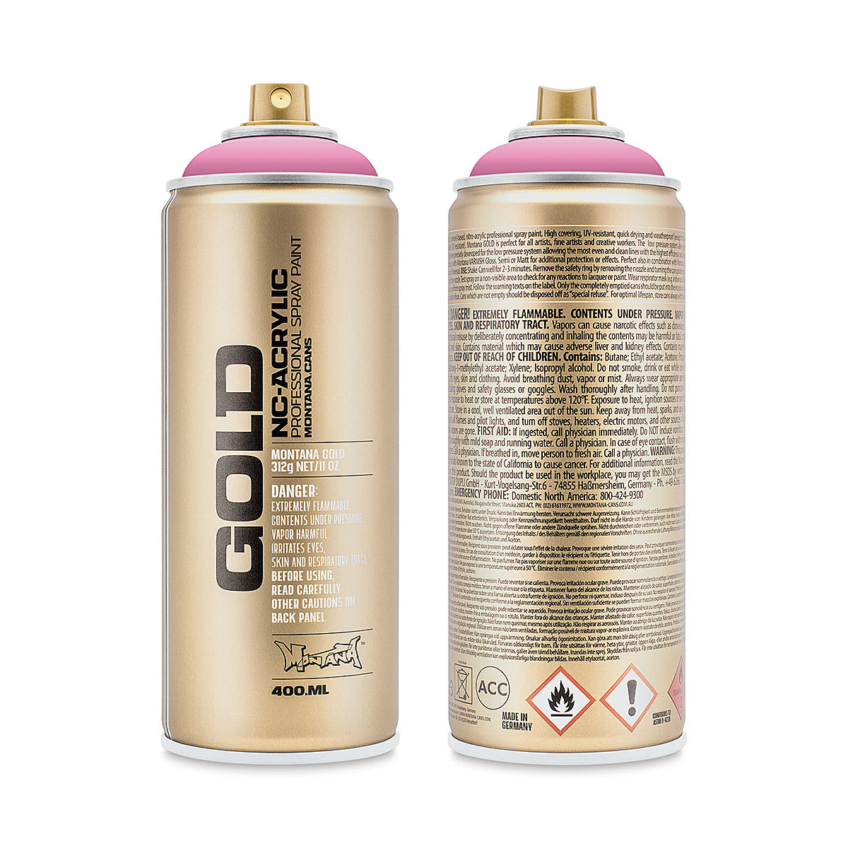 Montana Gold Acrylic Professional Spray Paint - Shock Pink Light, 400 ml (Front and back of spray can)