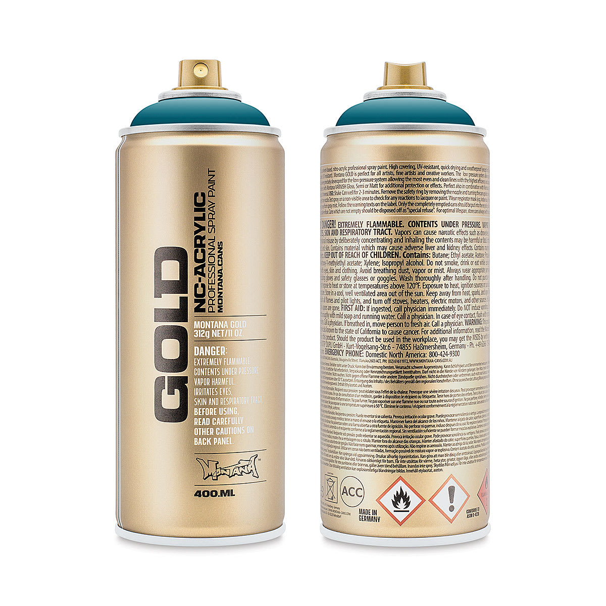 Montana Gold Acrylic Professional Spray Paint - Reef, 400 ml (Front and back of spray can)