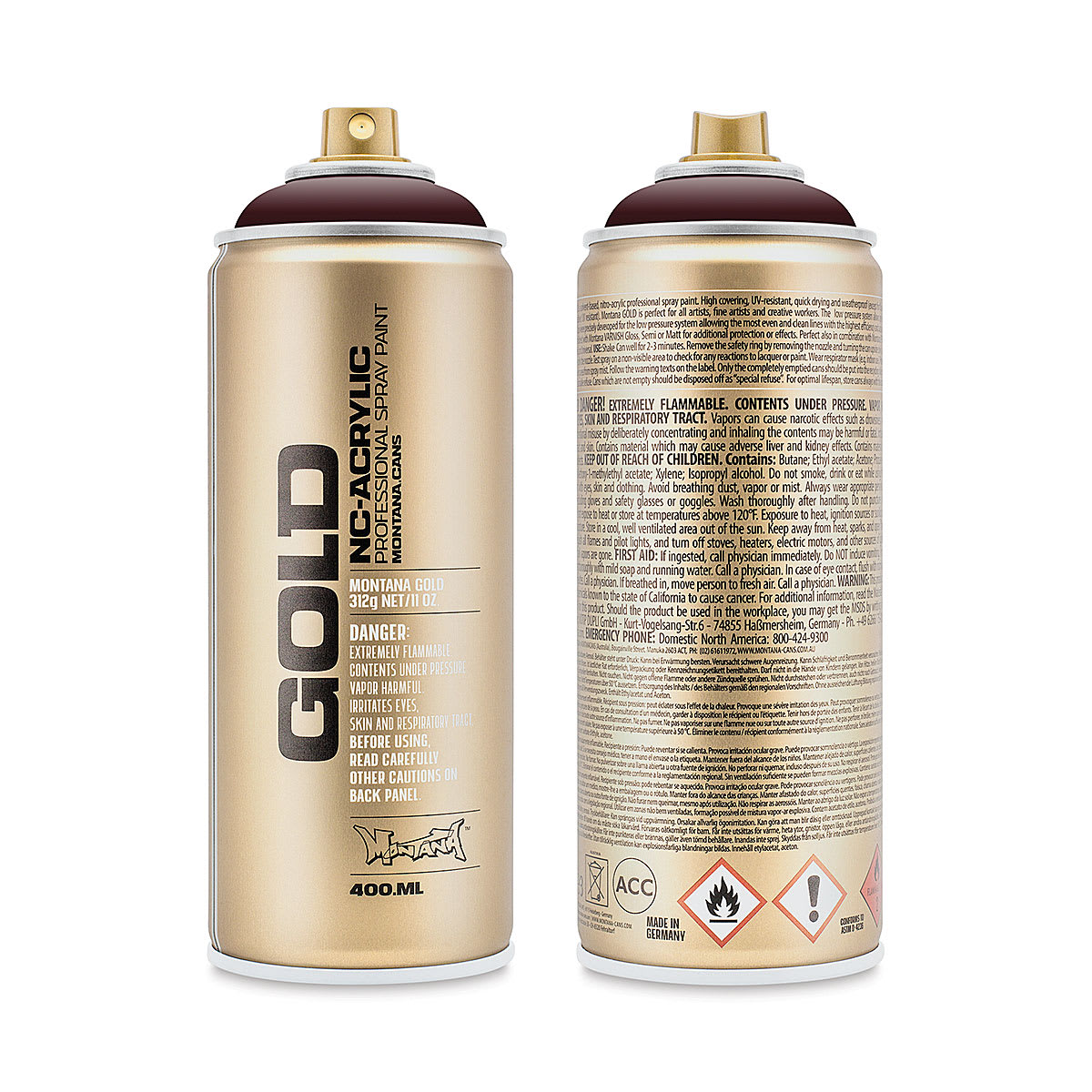 Montana Gold Acrylic Professional Spray Paint - Wine Red, 400 ml (Front and back of spray can)