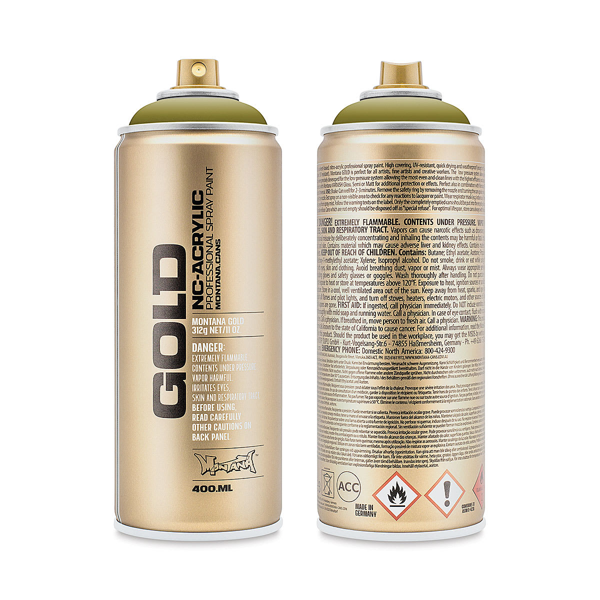 Montana Gold Acrylic Professional Spray Paint - Pepperoni Hot, 400 ml (Front and back of spray can)