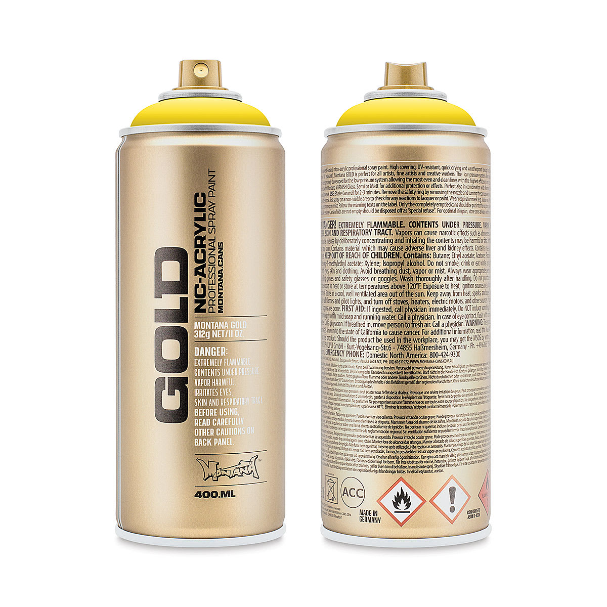 Montana Gold Acrylic Professional Spray Paint - Shock Yellow Light, 400 ml (Front and back of spray can)