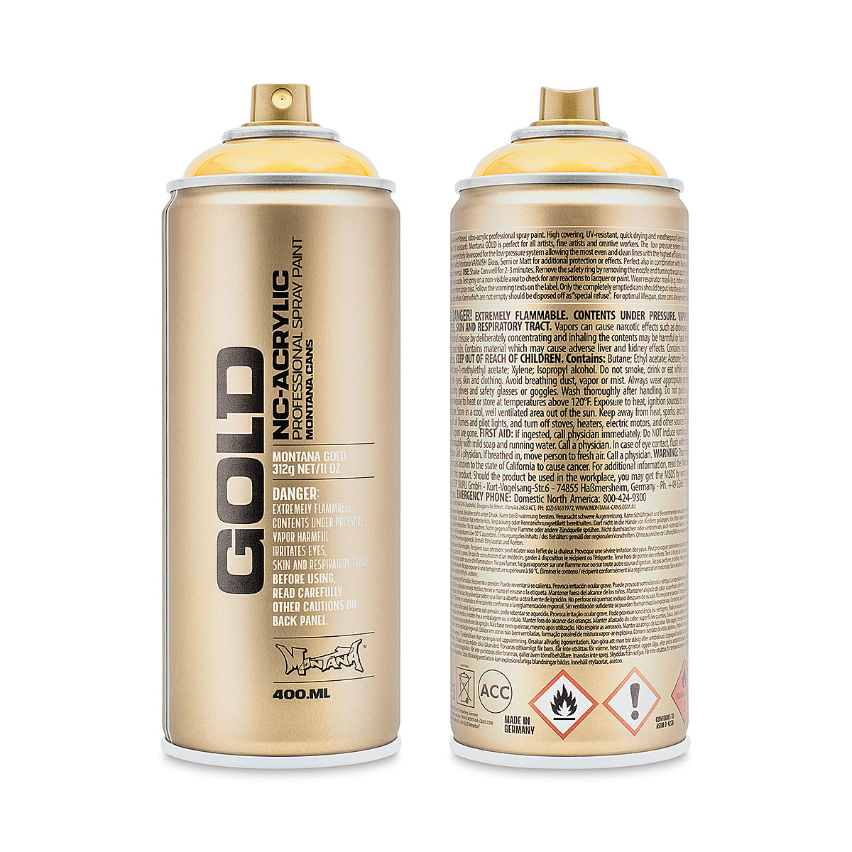 Montana Gold Acrylic Transparent Spray Paint - Transparent Yellow Cab, 400 ml, front and back of can
