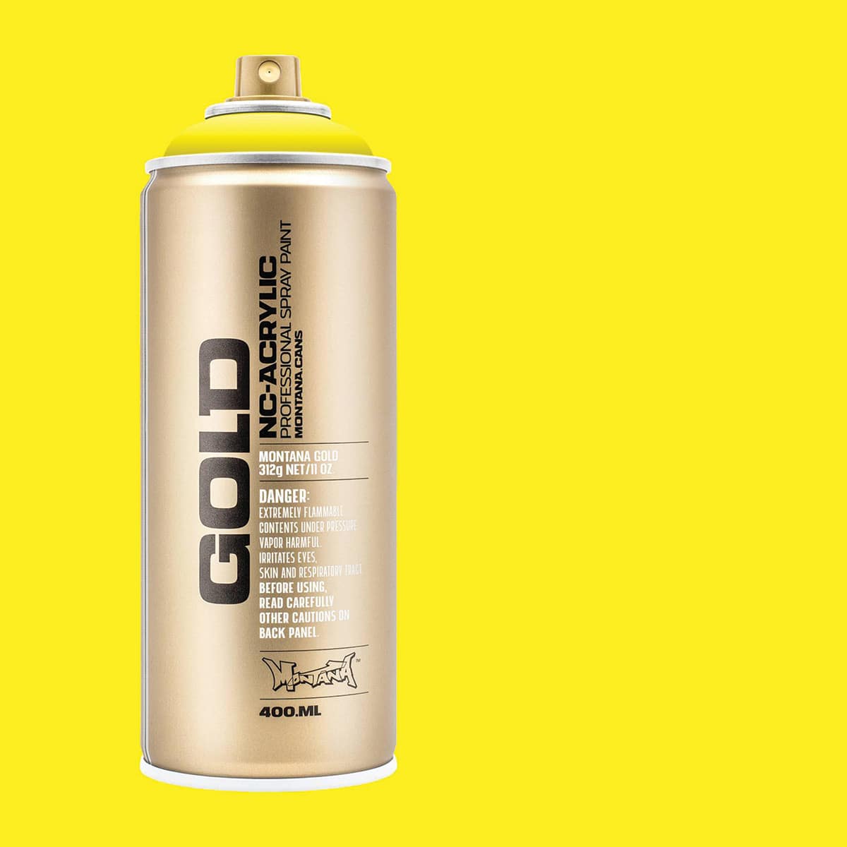Montana Gold Acrylic Professional Spray Paint - 100% Yellow, 400 ml (Spray can with color swatch)