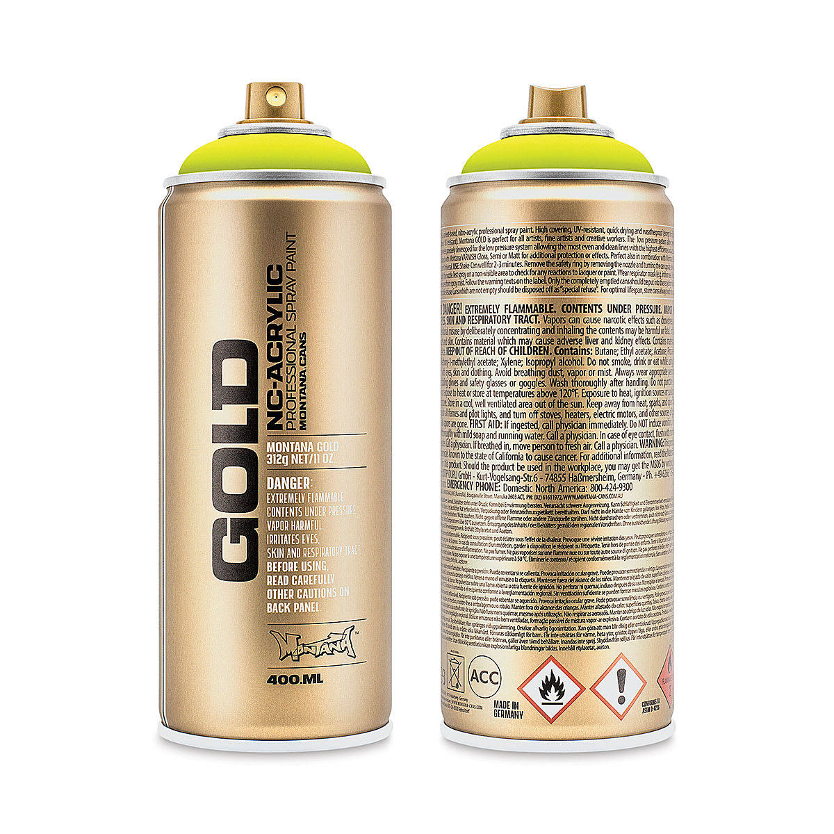 Montana Gold Acrylic Fluorescent Spray Paint - Flash Yellow, 400 ml (Front and back of spray can)