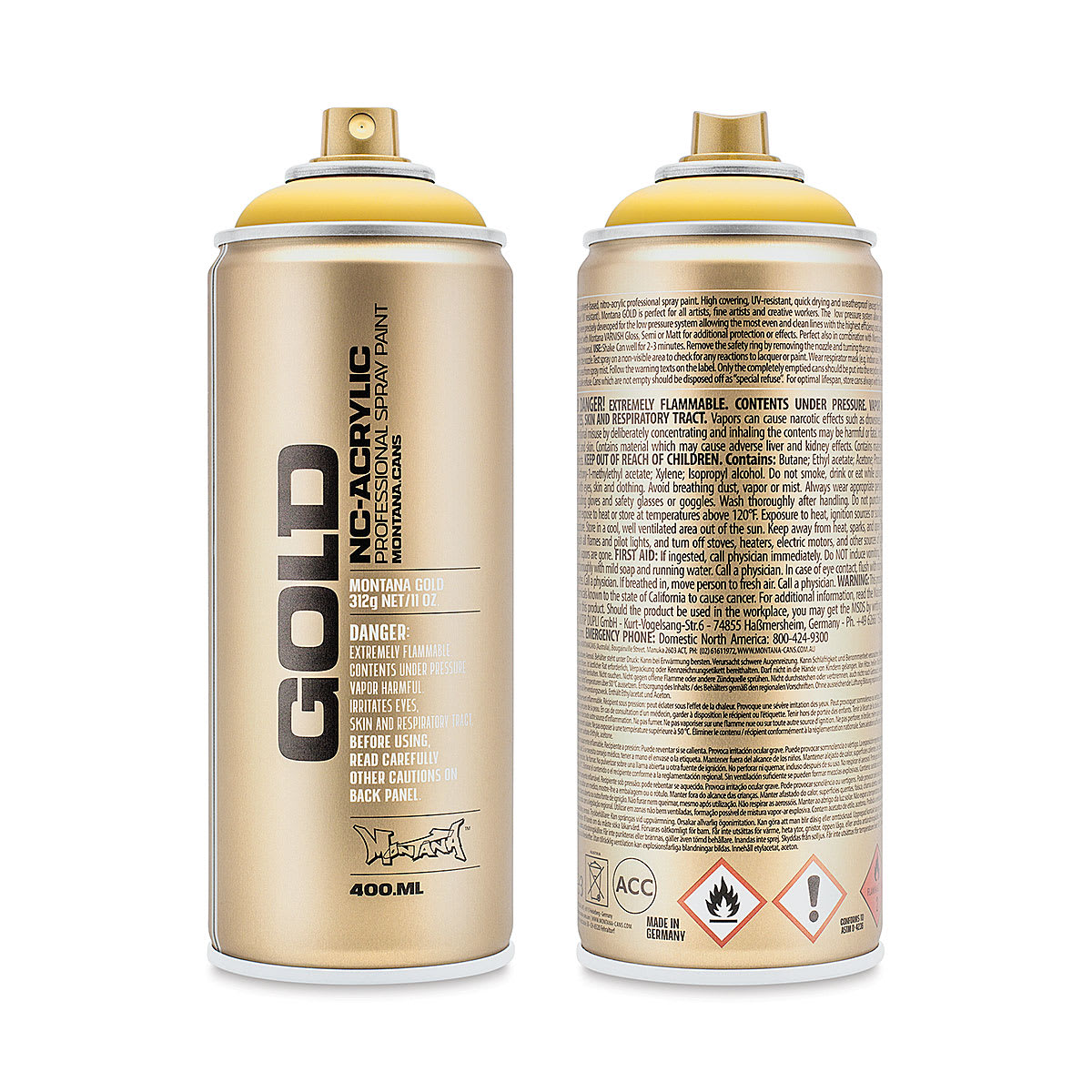 Montana Gold Acrylic Professional Spray Paint - Yellow Submarine, 400 ml (Front and back of spray can)