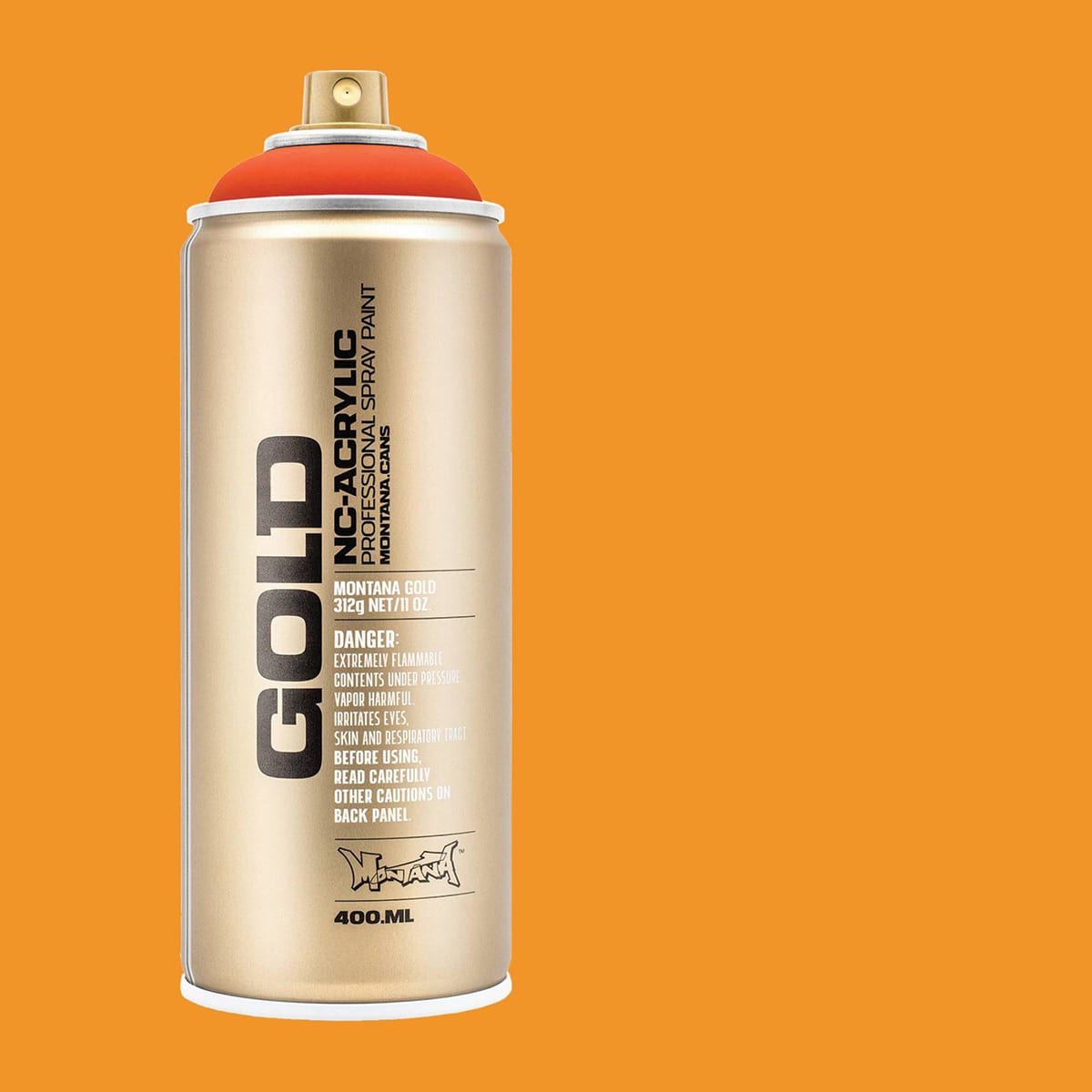 Montana Gold Acrylic Fluorescent Spray Paint - Power Orange, 400 ml (Spray can with color swatch)
