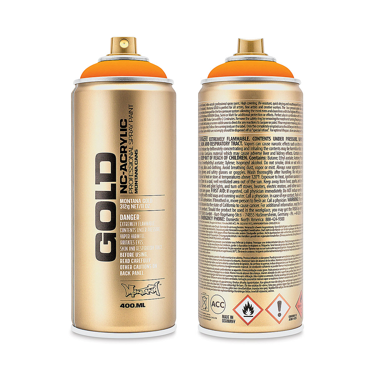 Montana Gold Acrylic Fluorescent Spray Paint - Power Orange, 400 ml (Front and back of spray can)