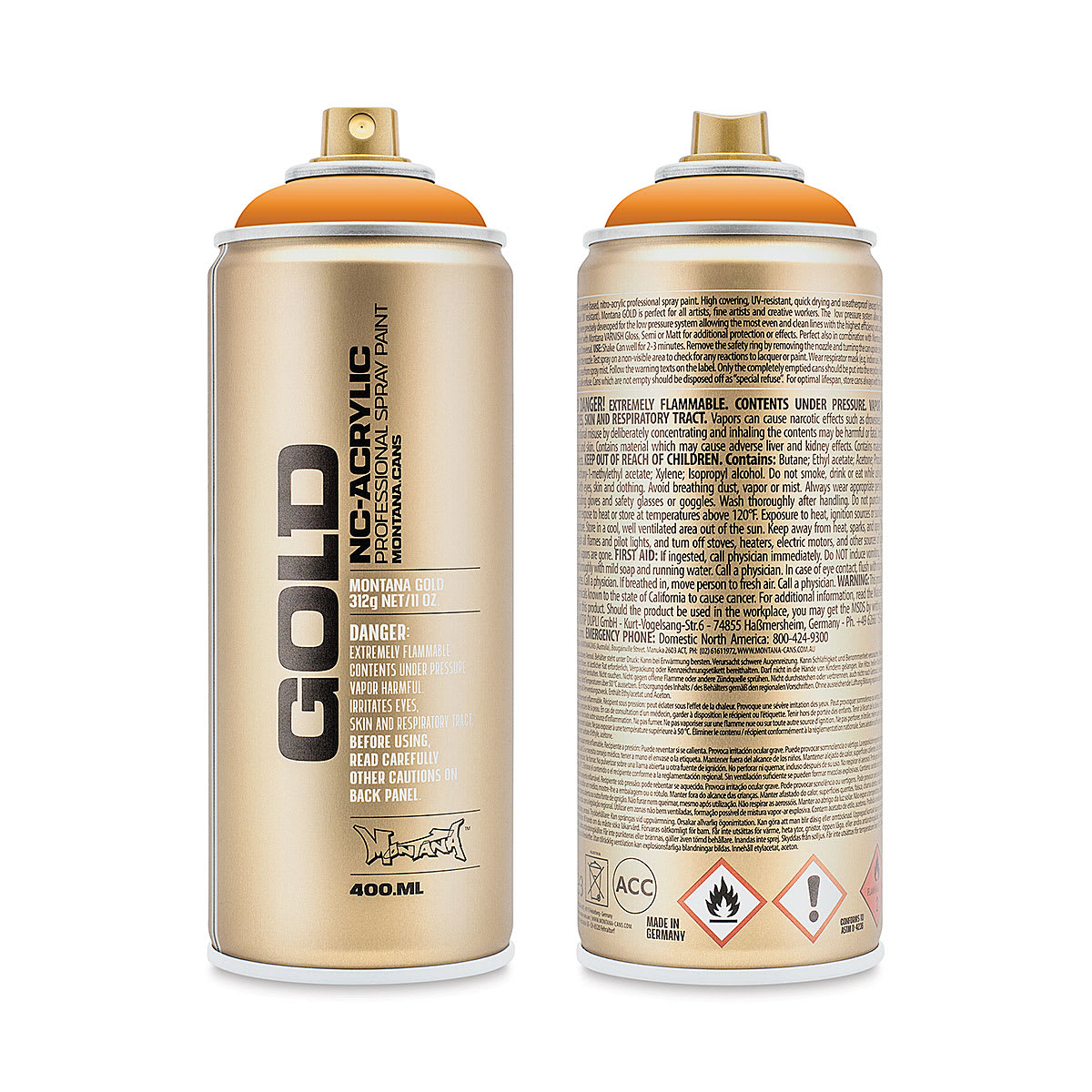 Montana Gold Acrylic Professional Spray Paint - Orangina, 400 ml (Front and back of spray can)