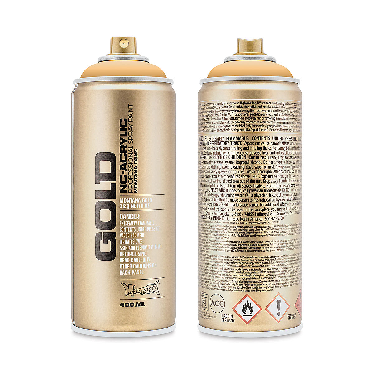 Montana Gold Acrylic Professional Spray Paint - Creme Orange, 400 ml (Front and back of spray can)