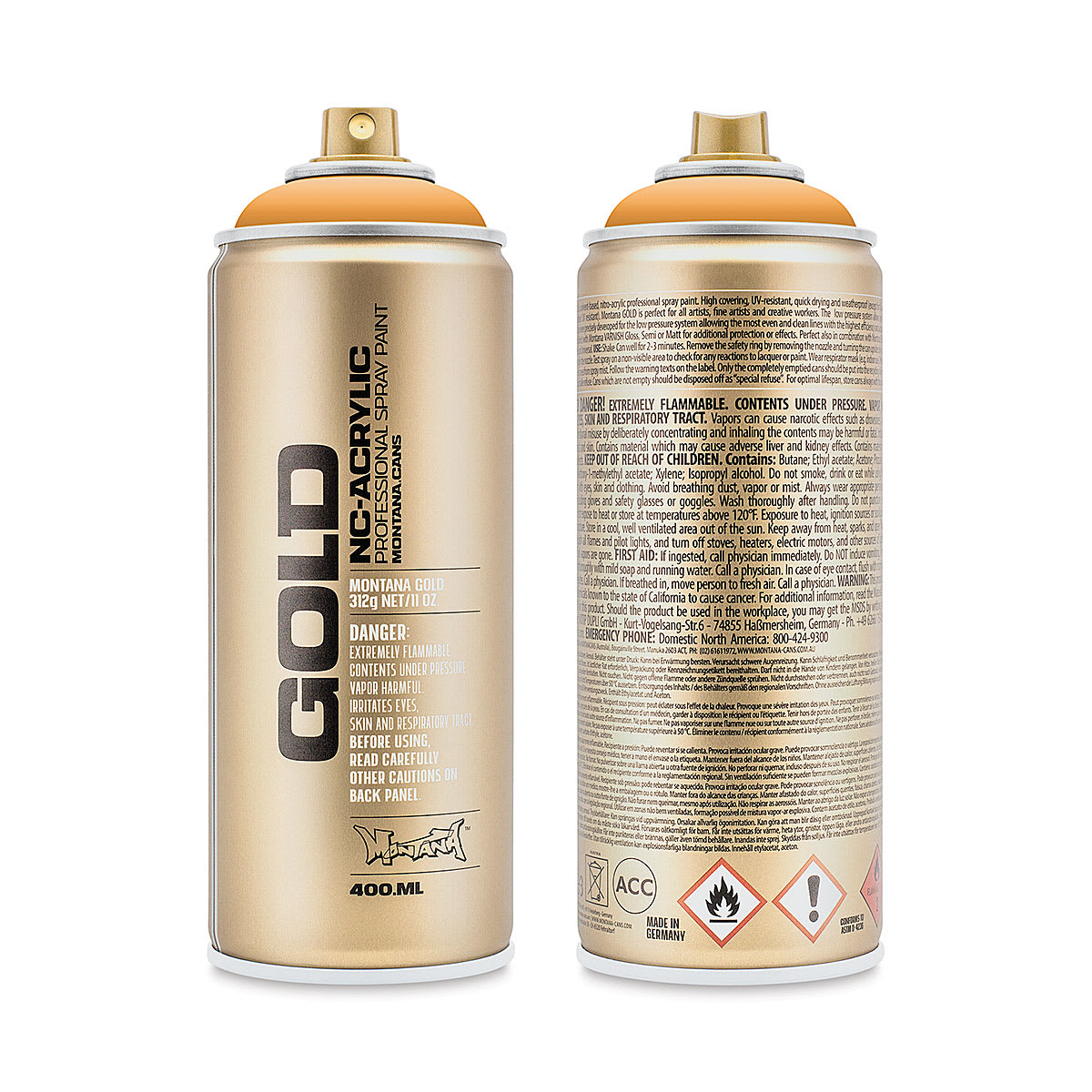 Montana Gold Acrylic Professional Spray Paint - Blast Orange, 400 ml (Front and back of spray can)