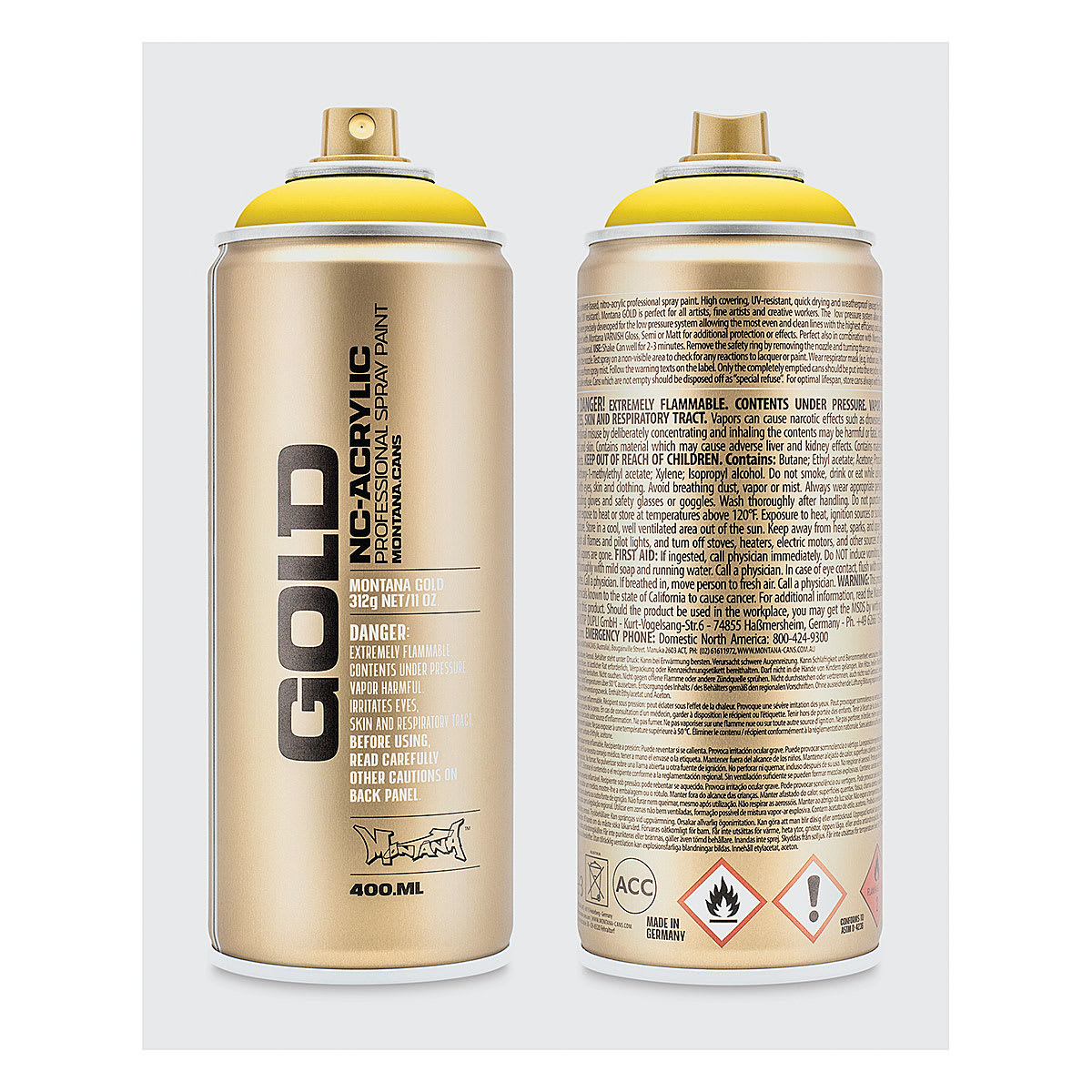 Montana Gold Acrylic Professional Spray Paint - Citrus, 400 ml (Front and back of spray can)