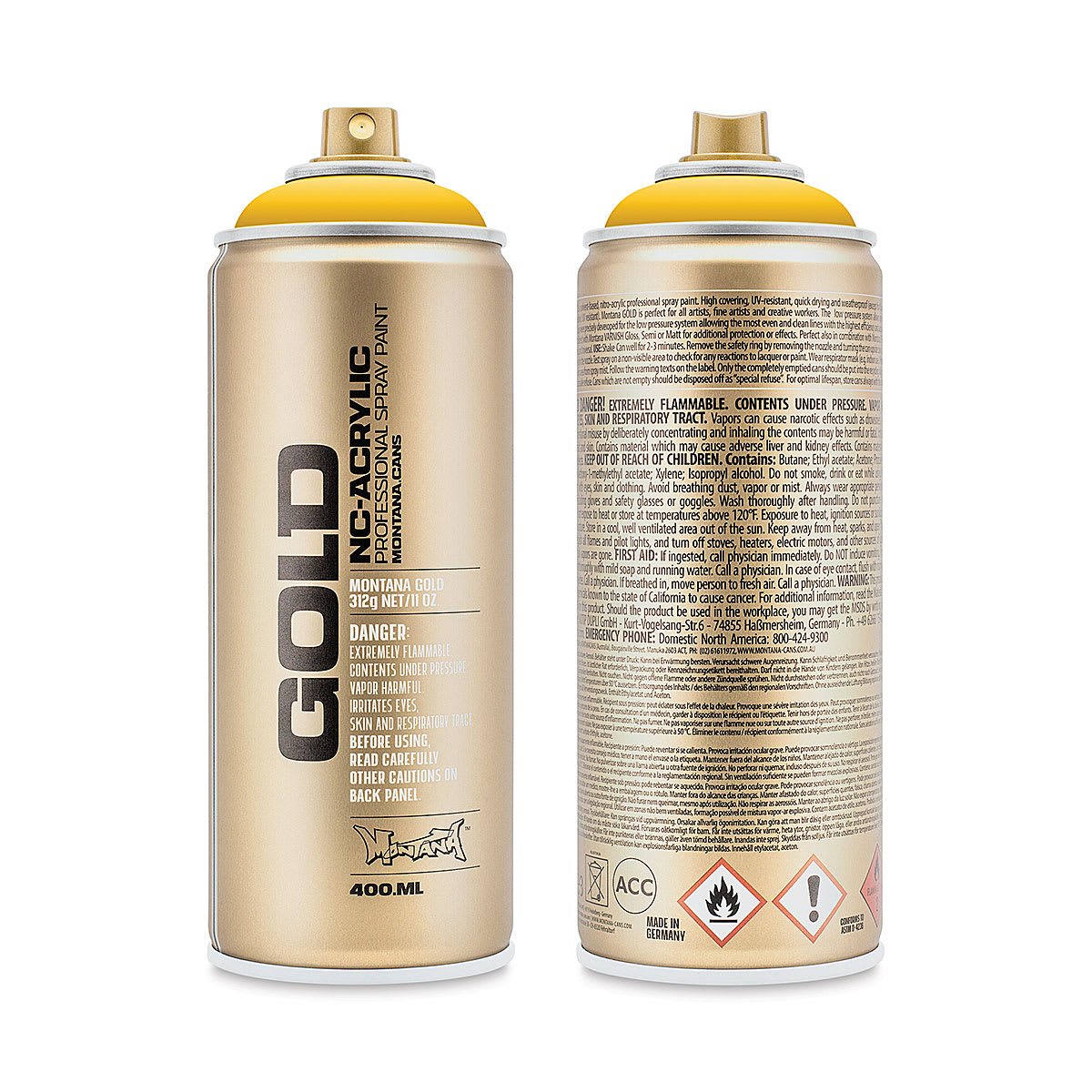 Montana Gold Acrylic Professional Spray Paint - Shock Yellow, 400 ml (Front and back of spray can)