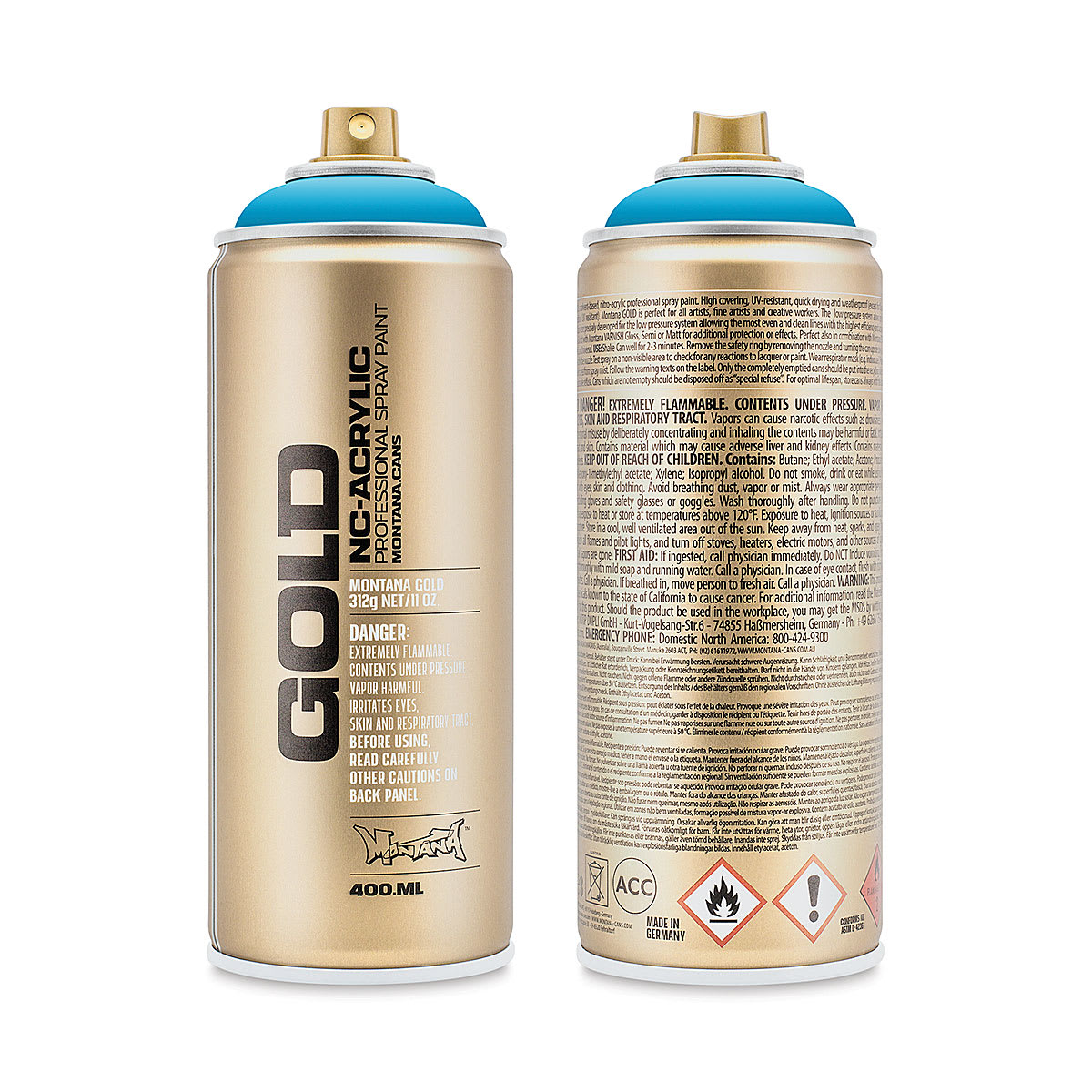 Montana Gold Acrylic Professional Spray Paint - Light Blue, 400 ml (Front and back of spray can)