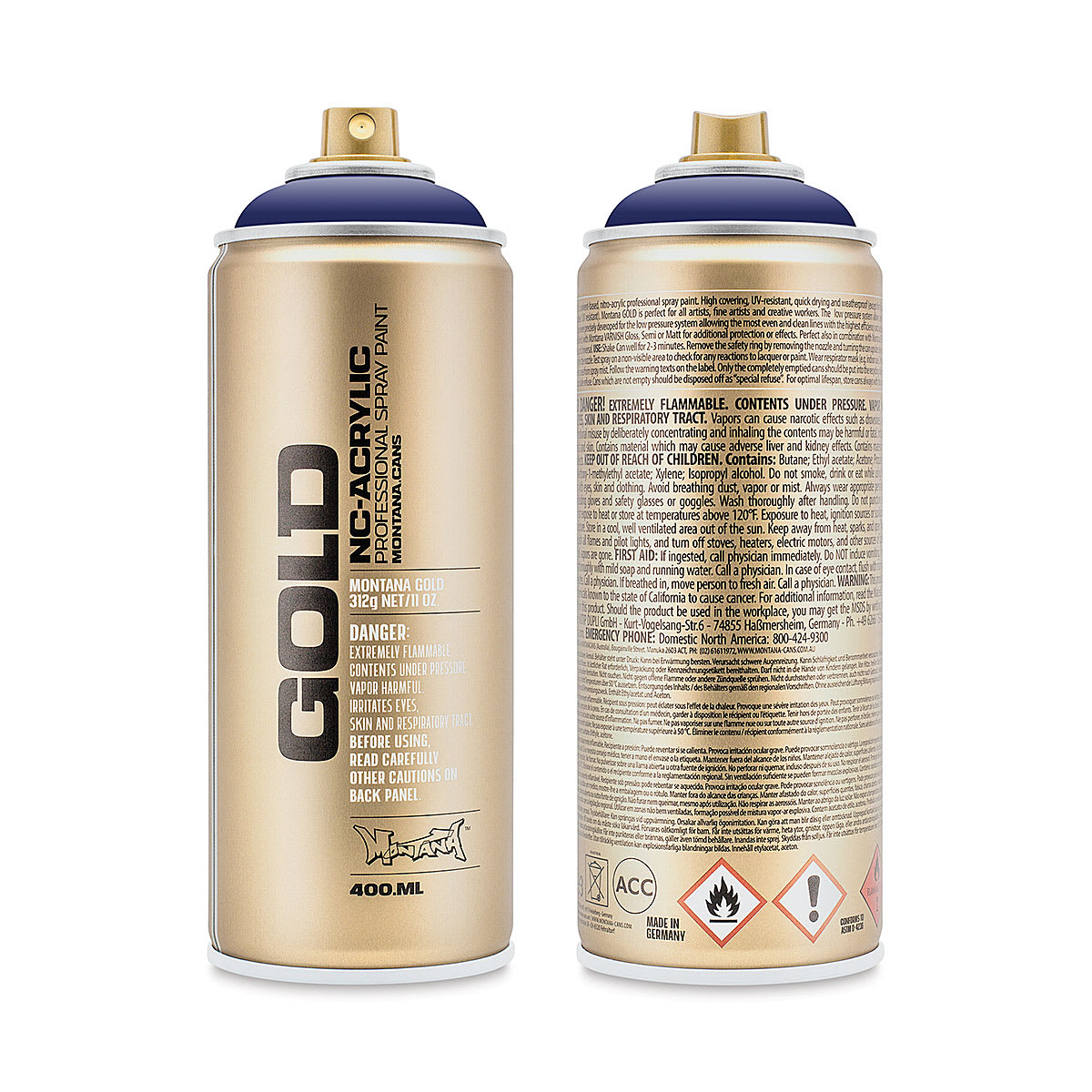 Montana Gold Acrylic Professional Spray Paint - Blue Velvet, 400 ml can (Front and back of spray can)