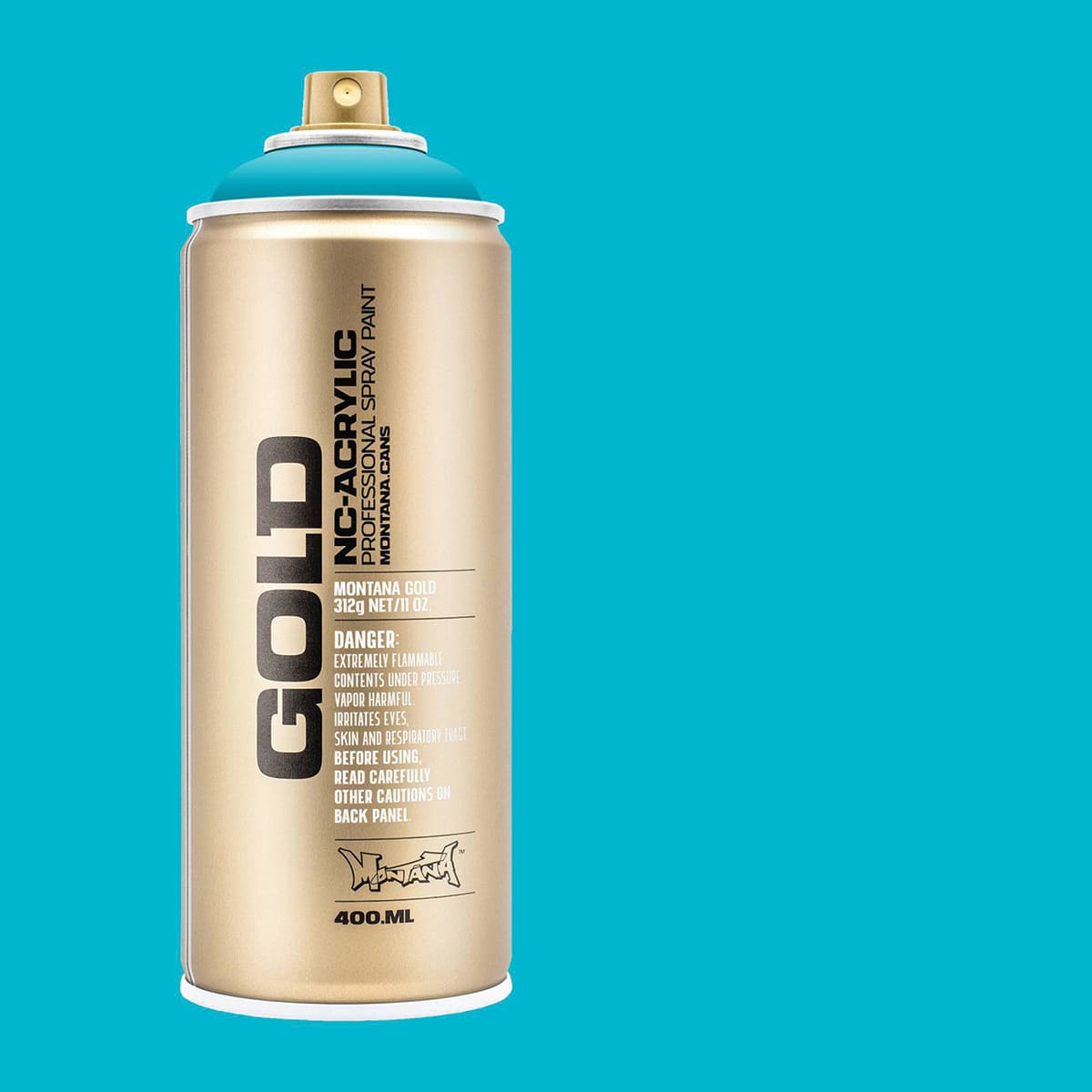 Montana Gold Acrylic Professional Spray Paint - 100% Cyan, 400 ml (Spray can with color swatch)