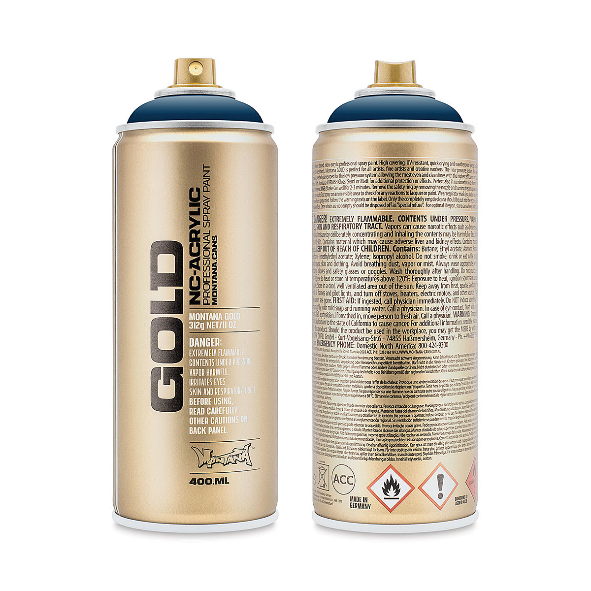 Montana Gold Acrylic Professional Spray Paint - Blue Note, 400 ml (Front and back of spray can)