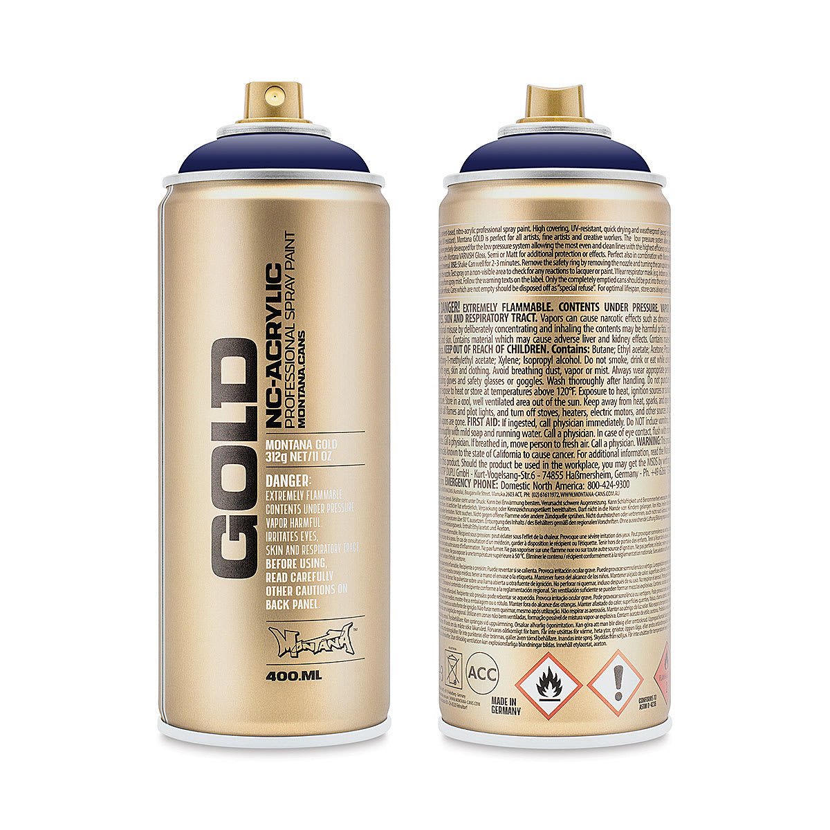 Montana Gold Acrylic Professional Spray Paint - Louie Lilac, 400 ml (Front and back of spray can)