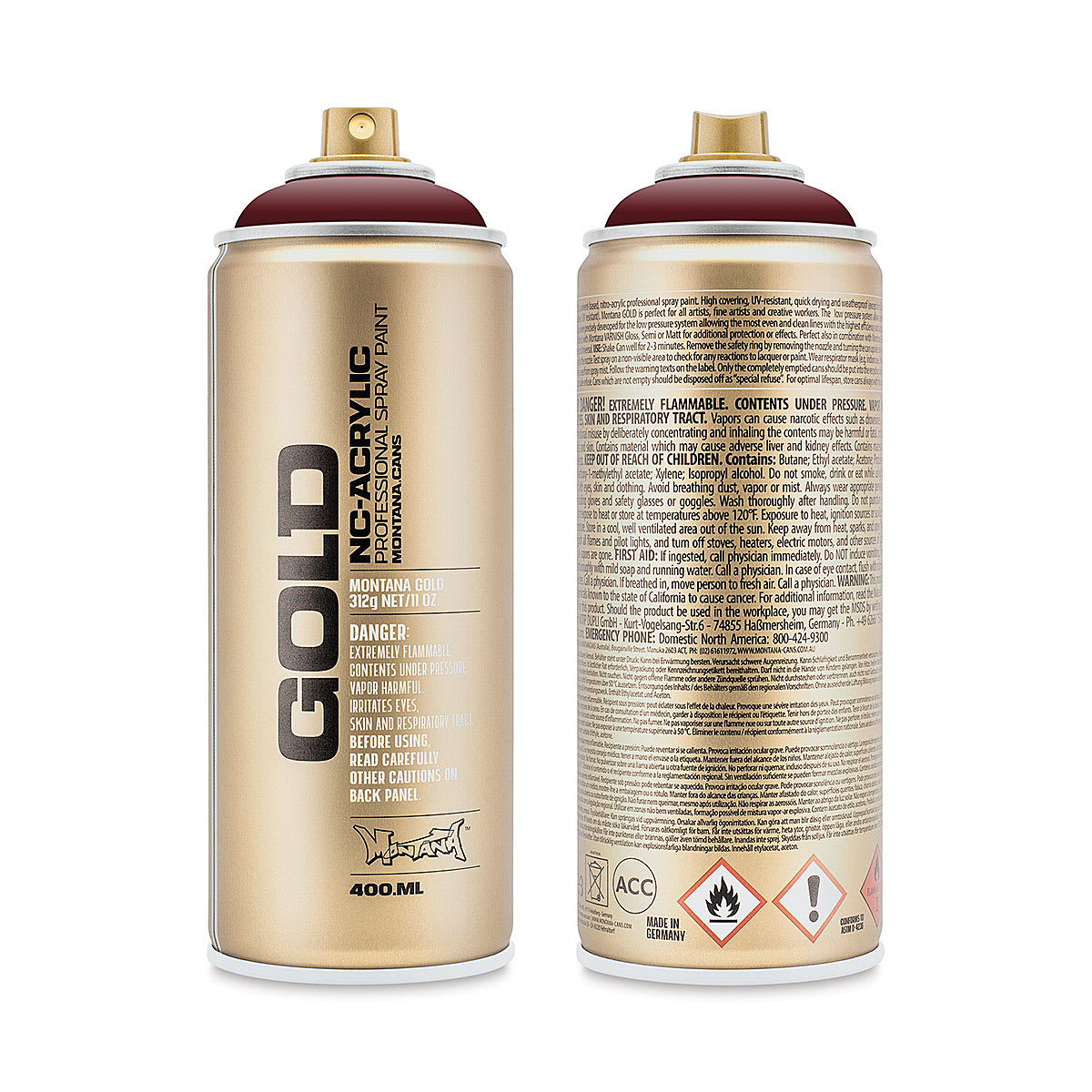 Montana Gold Acrylic Professional Spray Paint - Purple Red, 400 ml (Front and back of spray can)