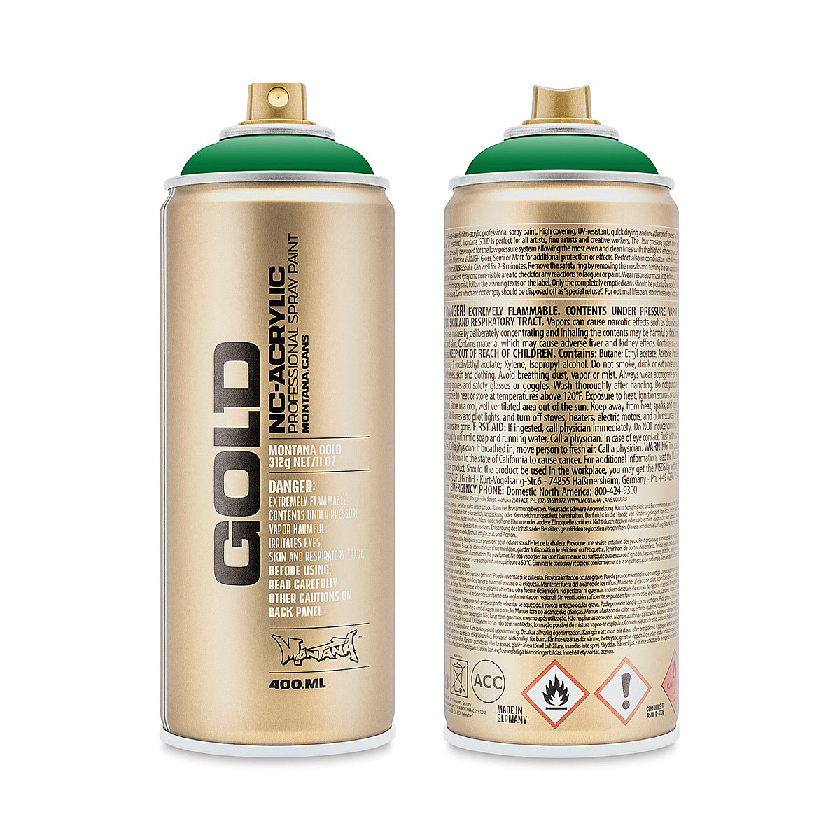 Montana Gold Acrylic Professional Spray Paint - Shock Green, 400 ml (Front and back of spray can)