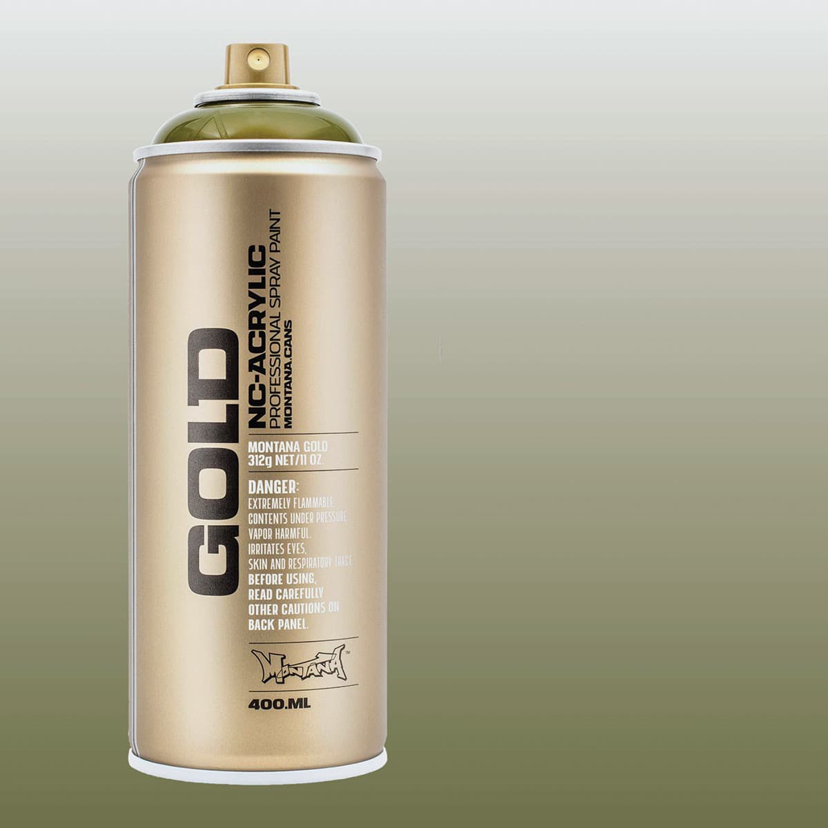 Montana Gold Acrylic Transparent Spray Paint - Transparent Olive Green, 400 ml can with color swatch