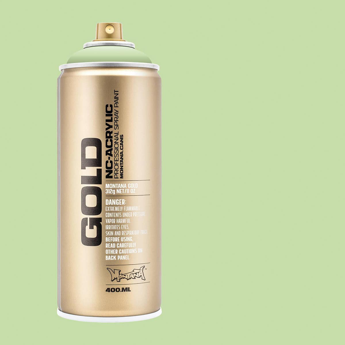 Montana Gold Acrylic Professional Spray Paint - Linden Green, 400 ml (Spray can with color swatch)