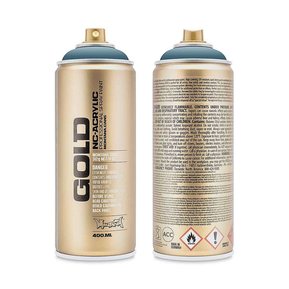 Montana Gold Acrylic Professional Spray Paint - Mt. Fuji, 400 ml (Front and back of spray can)
