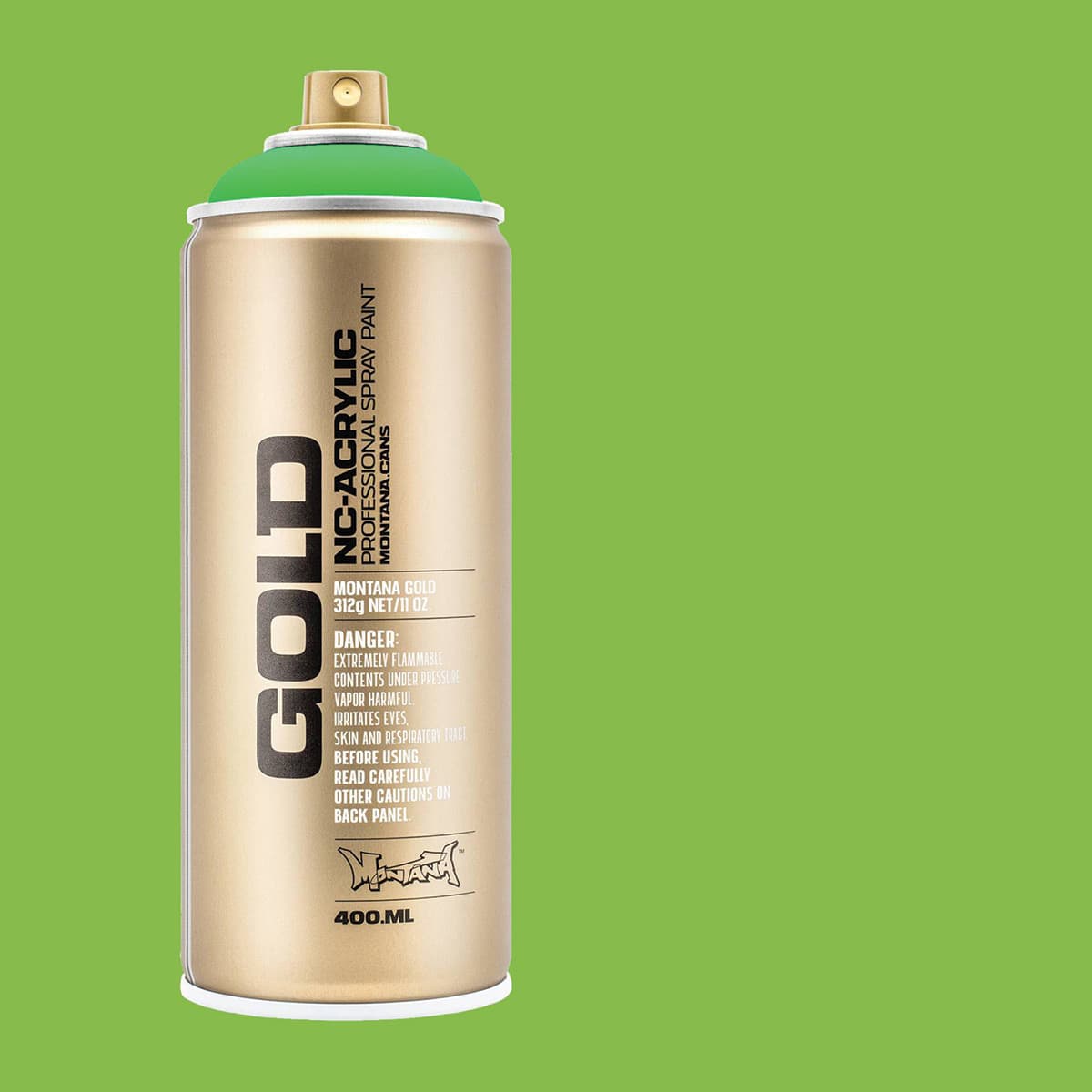 Montana Gold Acrylic Fluorescent Spray Paint - Acid Green, 400 ml (Spray can with color swatch)