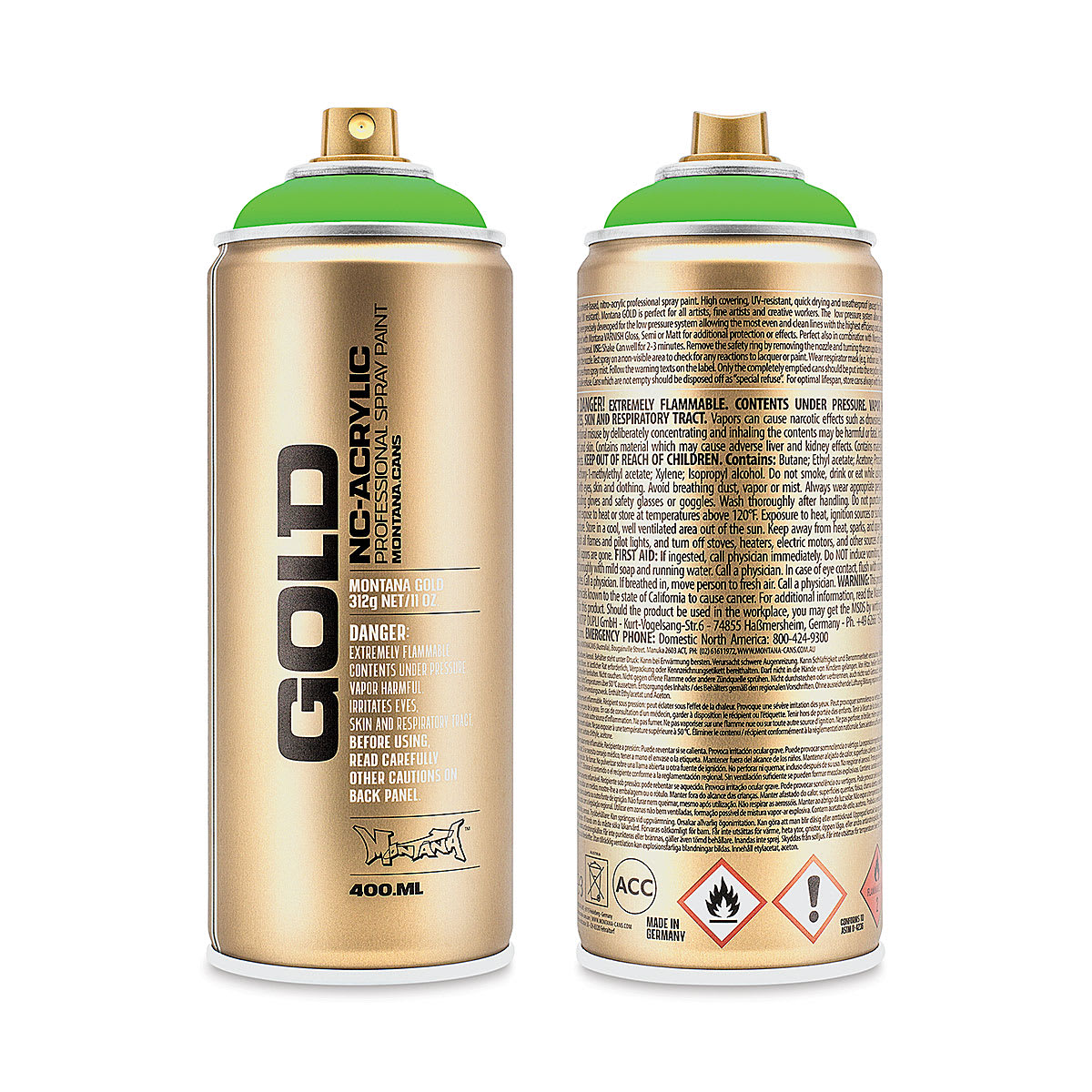 Montana Gold Acrylic Fluorescent Spray Paint - Acid Green, 400 ml (Front and back of spray can)