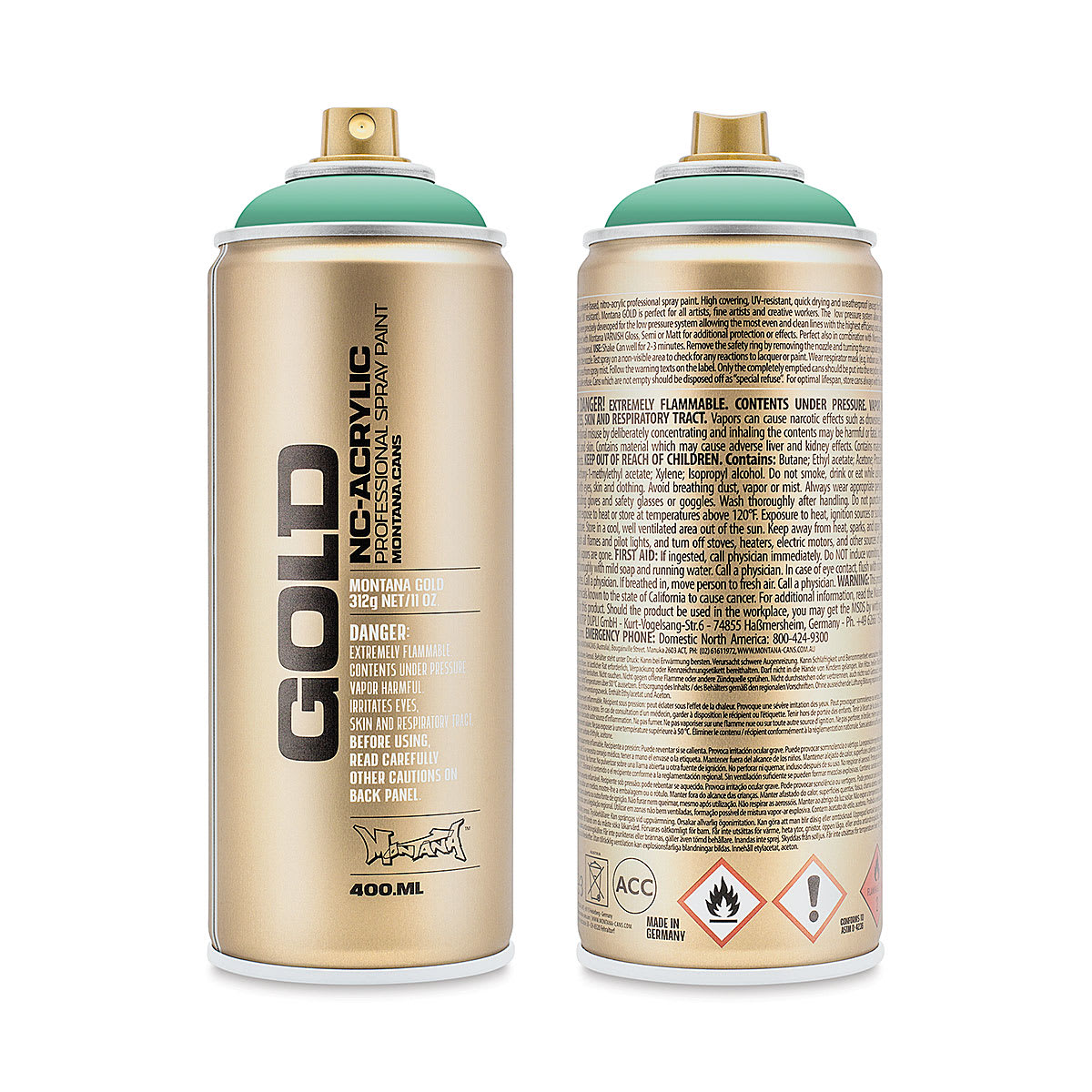 Montana Gold Acrylic Professional Spray Paint - Malachite, 400 ml (Front and back of spray can)