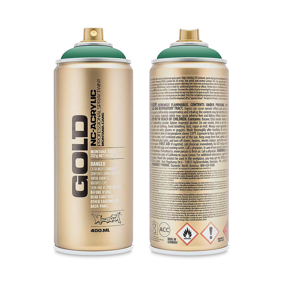 Montana Gold Acrylic Professional Spray Paint - Malachite Dark, 400 ml (Front and back of spray can)