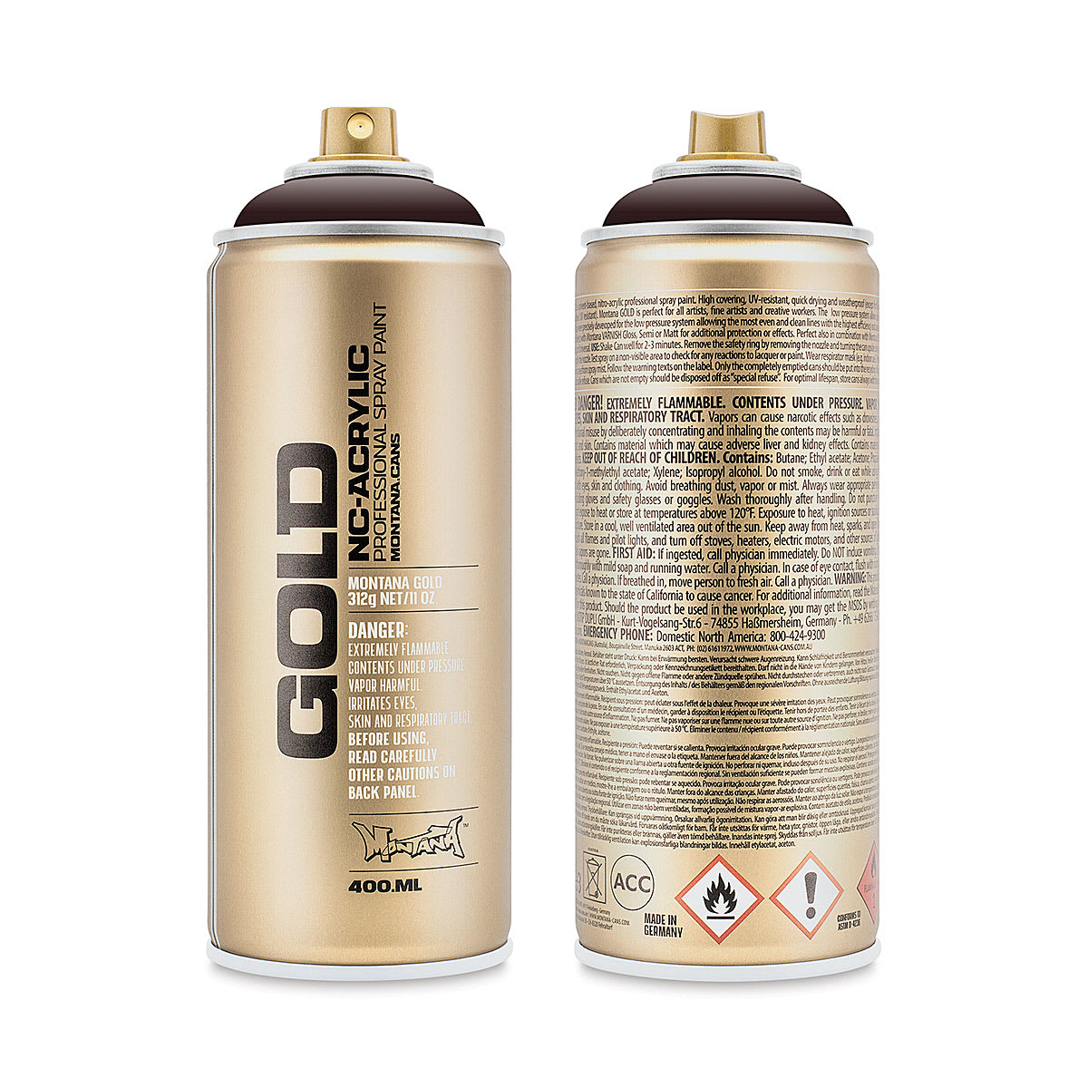 Montana Gold Acrylic Professional Spray Paint - Aubergine, 400 ml (Front and back of spray can)