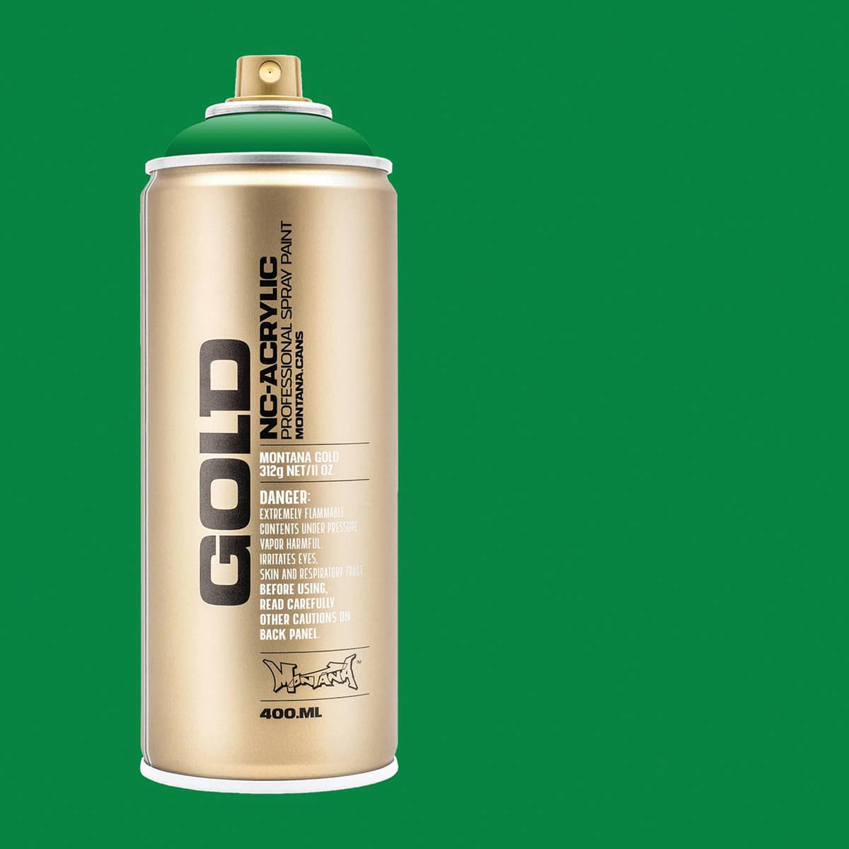 Montana Gold Acrylic Professional Spray Paint - Greenery, 400 ml (Spray can with color swatch)