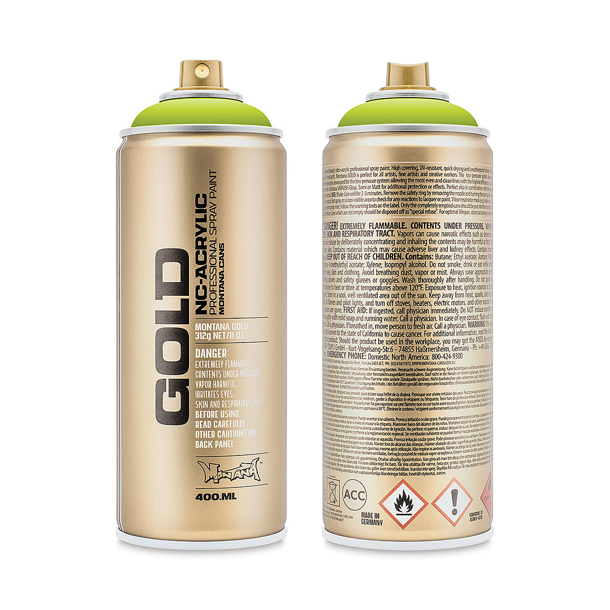 Montana Gold Acrylic Professional Spray Paint - Lime, 400 ml (Front and back of spray can)