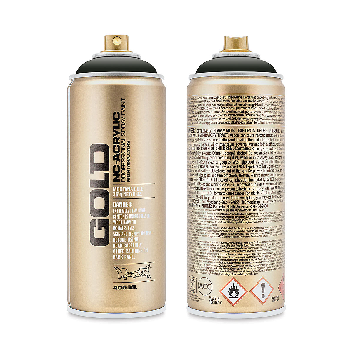 Montana Gold Acrylic Professional Spray Paint - Military Green, 400 ml (Front and back of spray can)