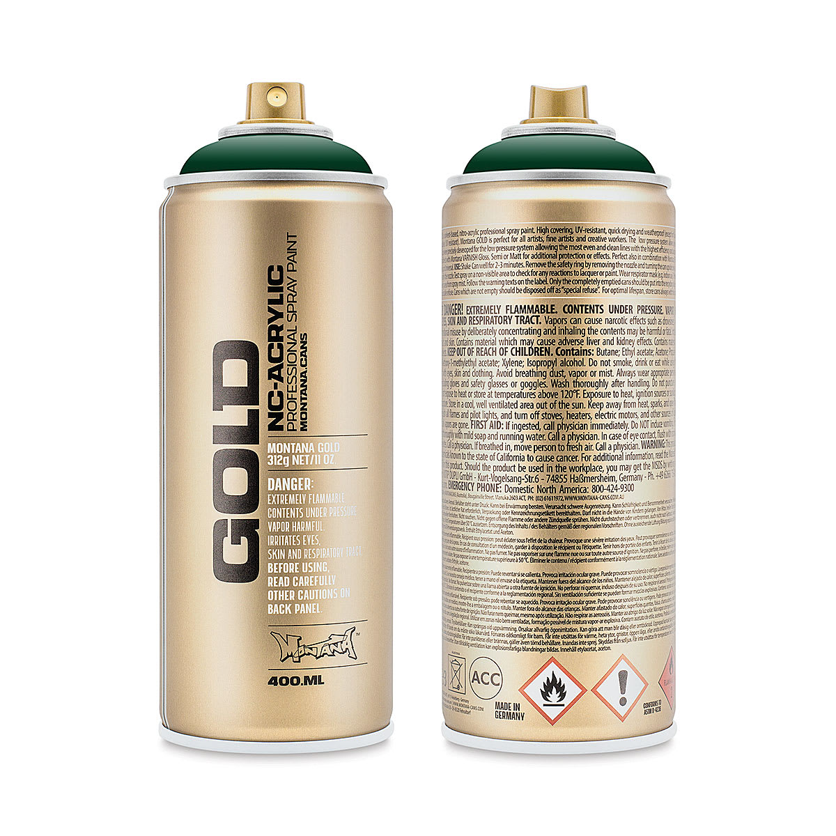 Montana Gold Acrylic Professional Spray Paint - Jungle Green, 400 ml (Front and back of spray can)