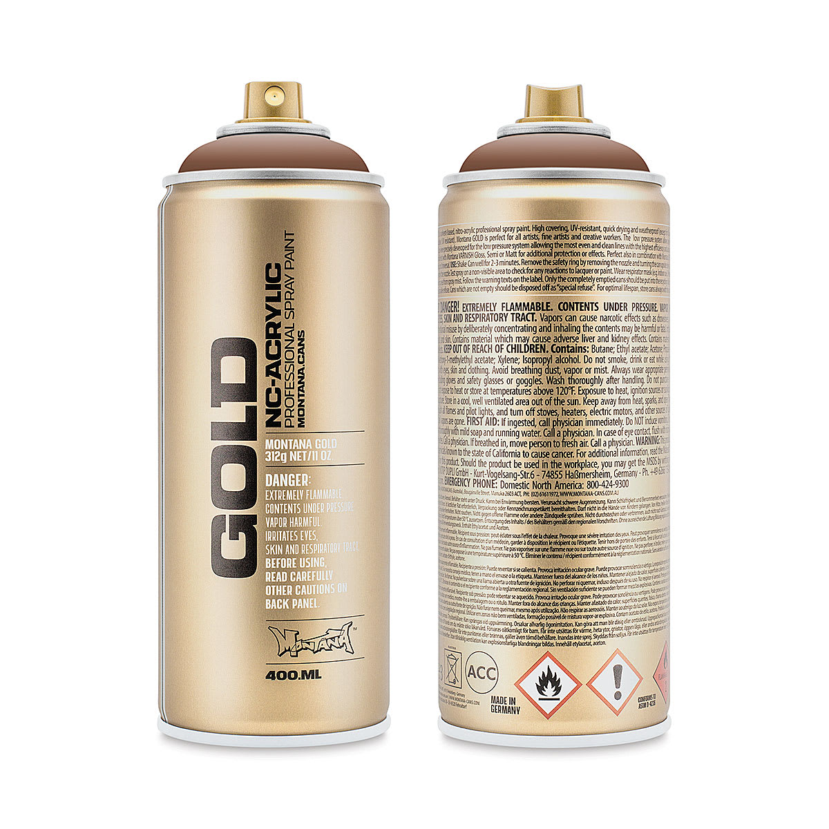 Montana Gold Acrylic Professional Spray Paint - Hot Chocolate, 400 ml (Front and back of spray can)
